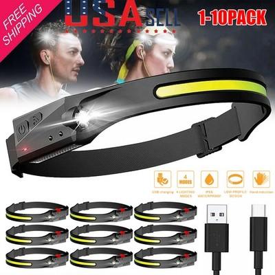 1-10 Pcs Rechargeable Headlamp Wide Beam LED Motion Sensor Headlight Waterproof