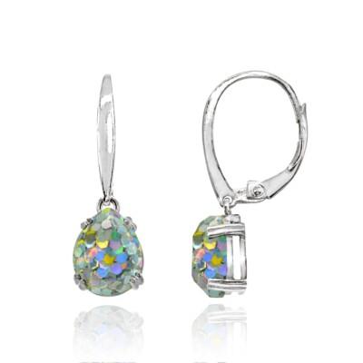10x8mm Teardrop White Glitter Sterling Silver Dangle Leverback Earrings