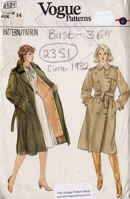 1982 Vintage Vogue Sewing Pattern Coat & Detachable Lining B36 (2351) Vogue 8121