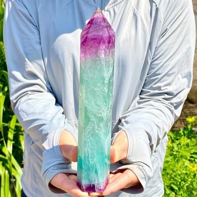 2.05LB Natural Rainbow Fluorite Obelisk Quartz Crystal Wand Tower Point Healing