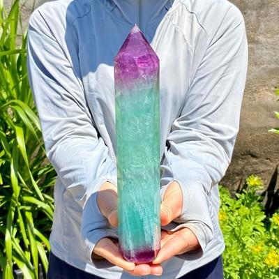 2.16LB Natural Rainbow Fluorite Obelisk Quartz Crystal Wand Tower Point Healing