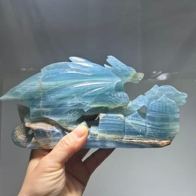 2.2LB natural Blue Onyx quartz carved dragon skull healing decor gift