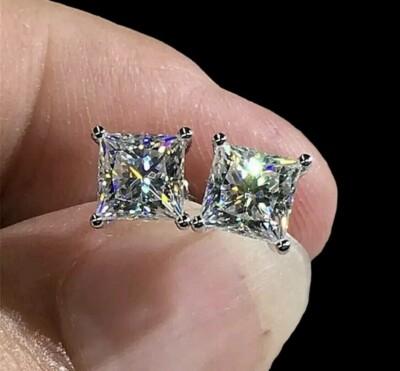 2 Ct Princess Cut VVS1/D Lab Created Stud Earrings 14k White Gold 6mm Push Back
