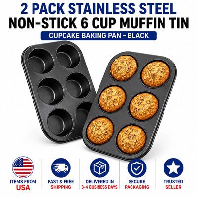 2 Pack Stainless Steel Non-Stick 6 Cup Muffin Tin Cupcake Baking Pan Black
