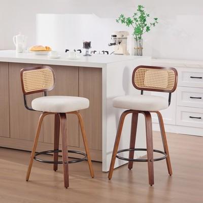 2 Set Swivel Bar Stools LInen Fabric 26" Height Barstools Rattan Back Wood Legs