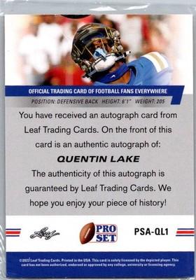 2022 Pro Set Draft #PSA-QL1 Quentin Lake Autographs Blue