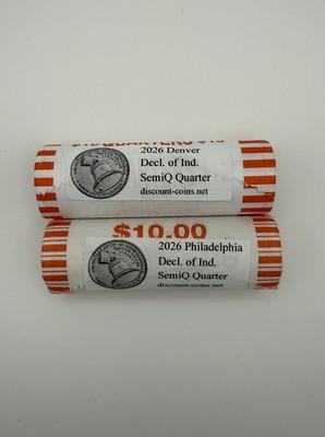 2026 P + D Declaration Of Independence Unc Quarter 2x $10 Rolls - IN HAND
