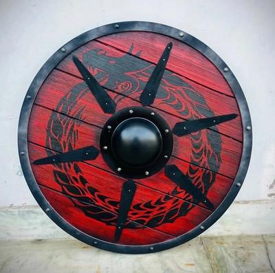 24" Wooden Dragon Authentic Battle-Worn Viking Shield Medieval Handmade Gift