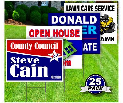 25 Pack - Custom Yard Signs-18x24-Full Color Design-Double Sided-Stakes Optional