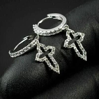 2CT Round Cut Lab Created Drop Dangle Cross Unisex Earring 14k White Gold Plated