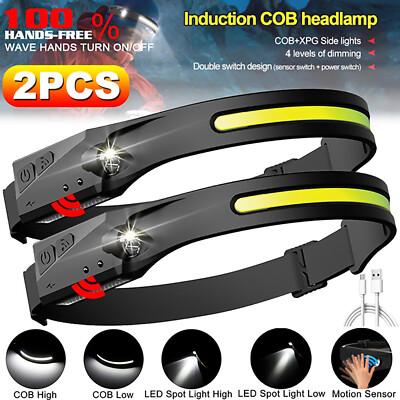 2Pack COB LED Motion Sensor Headlamp USB Rechargeable Headlight Torch Flashlight