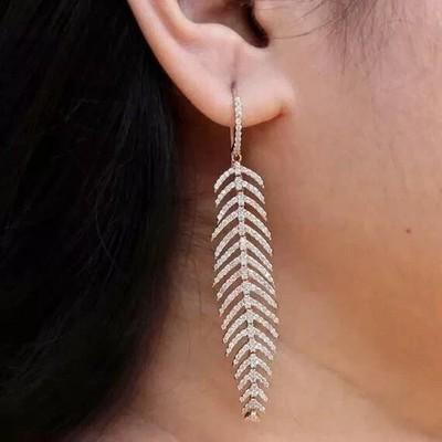 3.45 Ct Lab Created Diamond Feather Dangle Hook Earrings 14k Pink Gold Plated