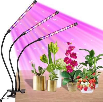 3-Head LED Grow Light, Full Spectrum Clip-On Lamp, Timer & Dimmable for Plants