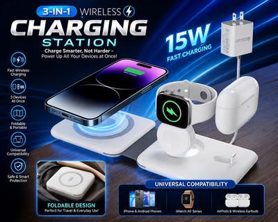 3 in 1 Wireless Charger,Foldable Magnetic Charging Station,Fast Travel Wireless.