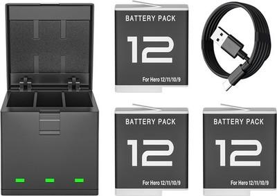 3Pack Hero 12 Battery and Charger Bundle for Gopro Hero 12 11 10 9 Camera Black