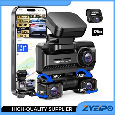 4 Channel Dash Cam Front Rear Inside 360°Car Camera 4K Full HD Free 128GB Card