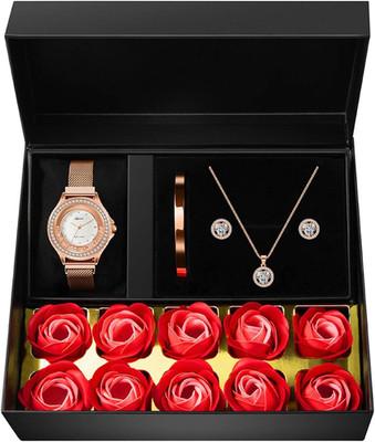 4-Pc Rose Gold Jewelry Set Women Watch Necklace Earrings Bracelet Gift