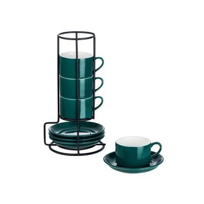 4 PCS Green 2.5 Oz Porcelain Espresso Cups Saucers Stackable Metal Stand Set