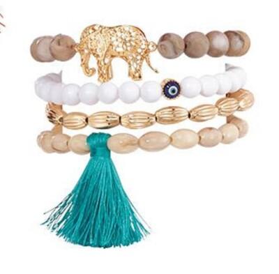 4 Set Elephant and Tassel Stretch Bracelets New / Sealed in Box