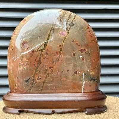 5.9 lb Natural Scenic Stone Pattern Polished Display Art Wood Stand