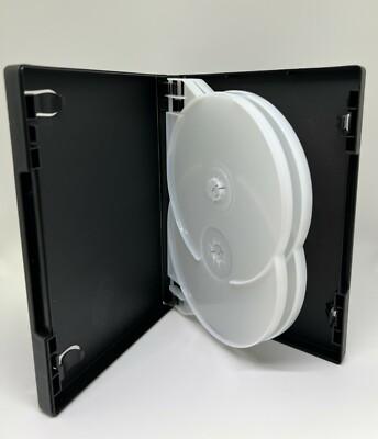 5 Black 22mm Quad (4) Disc DVD Case w/Sleeve & Clips White Trays, PSD70C-22MM