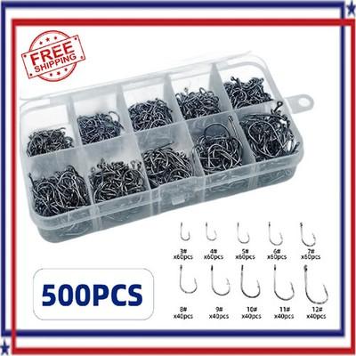 500 PCS Fish Hooks 10 Sizes Fishing Black Silver Sharpened With Box Quality kit