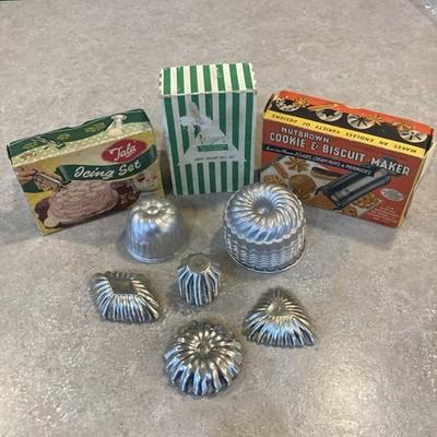 50s Kitsch Swedish Candy Molds, Icing Set, Cookie Press, Catalog Retro Boxes VTG