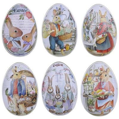 6 Fillable Easter Egg Tins, Lithographed Metal Vintage Easter Eggs with Bunny