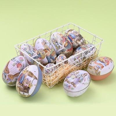 6pc Vintage Easter Egg Tins ,3 Sizes Fillable Lithographed Metal Bunny Egg Decor