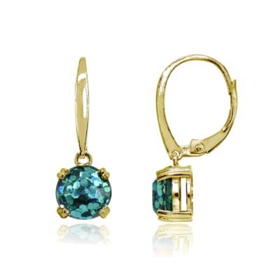 8mm Round Blue Glitter Gold Plated Sterling Silver Dangle Leverback Earrings