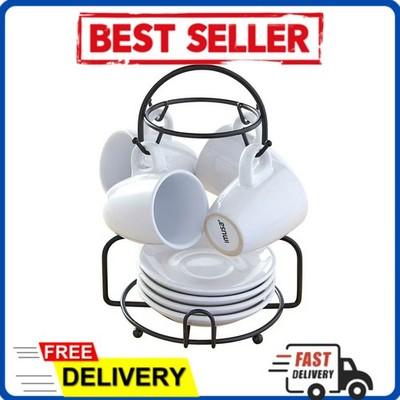 8pc Stoneware 3oz Espresso Set 4PC Espresso Cups and 4 Saucers with Rack White