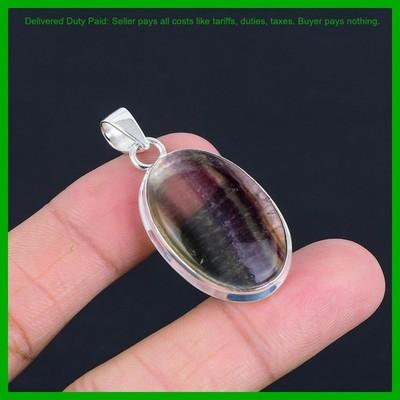 925 Sterling Silver Oval Multi Fluorite Stone Handmade Birthday Pendant Jewelry