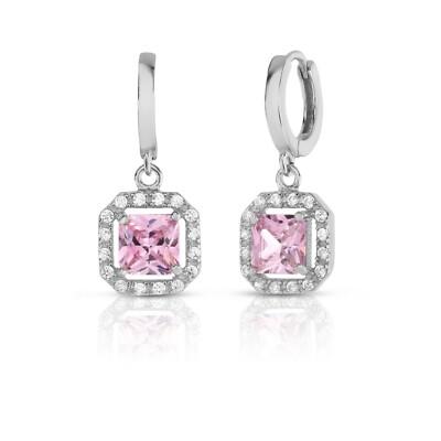 925 Sterling Silver Pink & White Topaz Princess Cut Halo Leverback Earrings