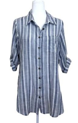 Anthropologie Kyla Seo Size M Tunic Button-Up Top Striped Floral Roll-Tab Sleeve