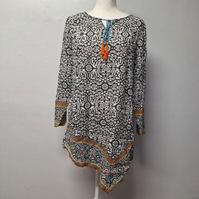 Anthropologie Kyla Seo Tunic Boho Sheer Long Sleeve Tassle Tribal Floral Medium