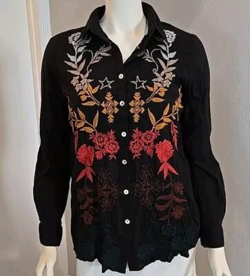 Anthropologie Kyla Seo Wine Gold Teal Embroidered Black Tiya Button Shirt SM NWT