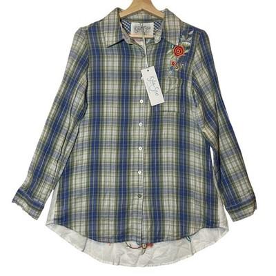 Anthropologie Kyla Seo Women Top Embroidery Shirt Small Size Cotton Floral Plaid