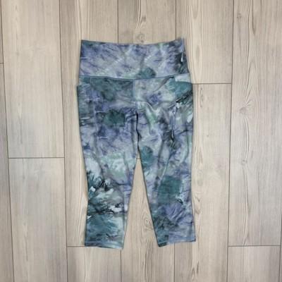 Athleta Blue Teal Watercolor Salutation Stash Pocket II Capri Leggings Medium