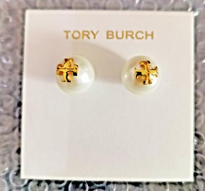 Authentic Tory Burch whiteLogo Stud Earrings Gold