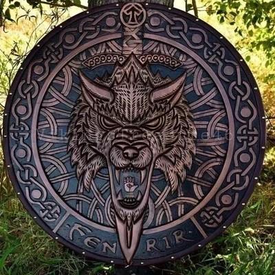 Battle-Worn Shield Wall Décor 24'' Fenrir Wolf Carved Wooden Viking Shield