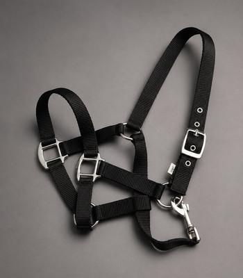 Black Nylon Horse Halter Full Size with Silver Tone Hardware Buckle Snap Hook