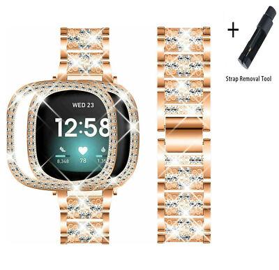Bling Metal Watch Band Strap W/Diamond Case for Fitbit Versa 3/Versa 4/Sense 2 1