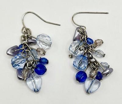 Blue Aqua Quartz Crystal Earrings Cluster Beads Pierced Hook Dangle Drop