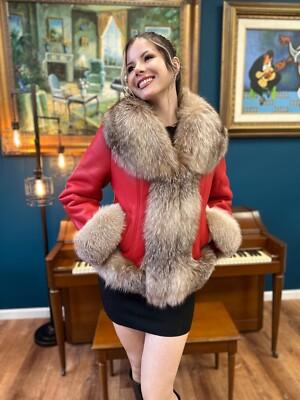 Brand New Women's Genuine Sheepskin Shearling Jacket With Genuine Fox Trim-Red