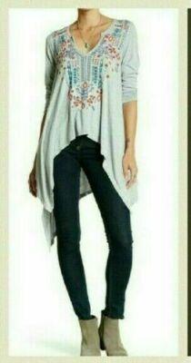 Caite Kyla Seo Embroidered Tunic Top Gray Asymmetrical Small S Anthropologie NEW