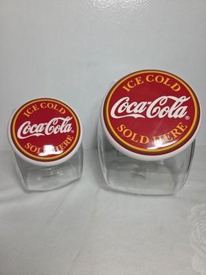 Clear Glass Coca Cola Cookie Jars With Ceramic Lid. Hard To Find Set. EUC