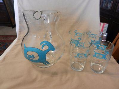 Crisa Clear Glass Water Pitcher and 4 Glasses for Lemonade, Ice Tea Hand Painted