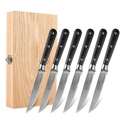 Damascus Serrated Steak Knife Set of 6 with Case, 5 Inch Serrated Steak Knife...