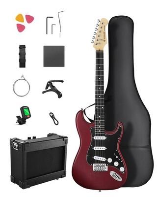 Donner DST-80 Electric Guitar Bundle SSS Pickups Solid Wood Grain Design | Red