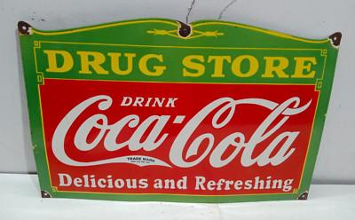 Drink Coca Cola Drug Store Porcelain Enamel Sign 27 x 18 Inches 1 Side